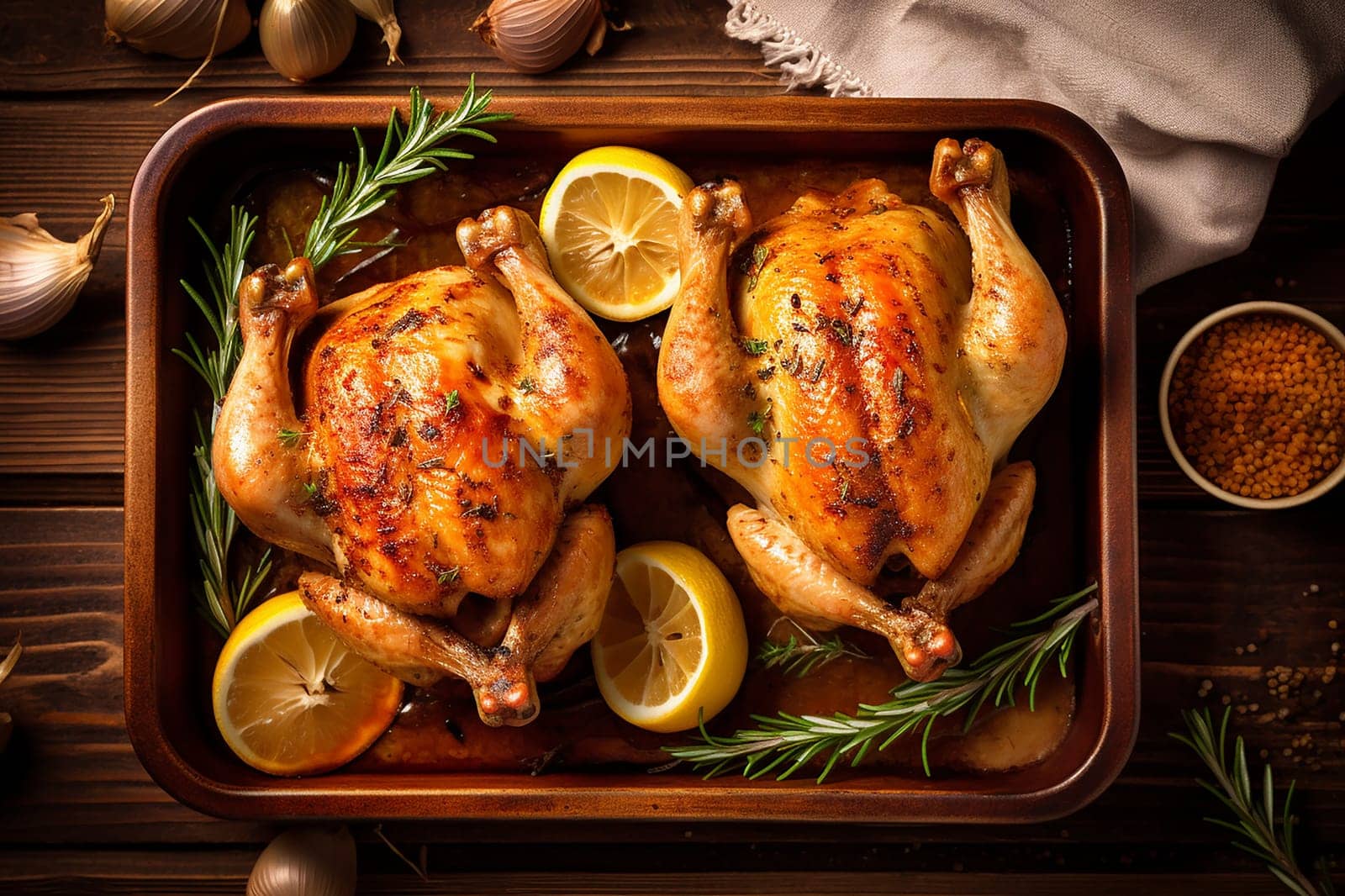 Two roasted chickens garnished with lemon and rosemary in a pan