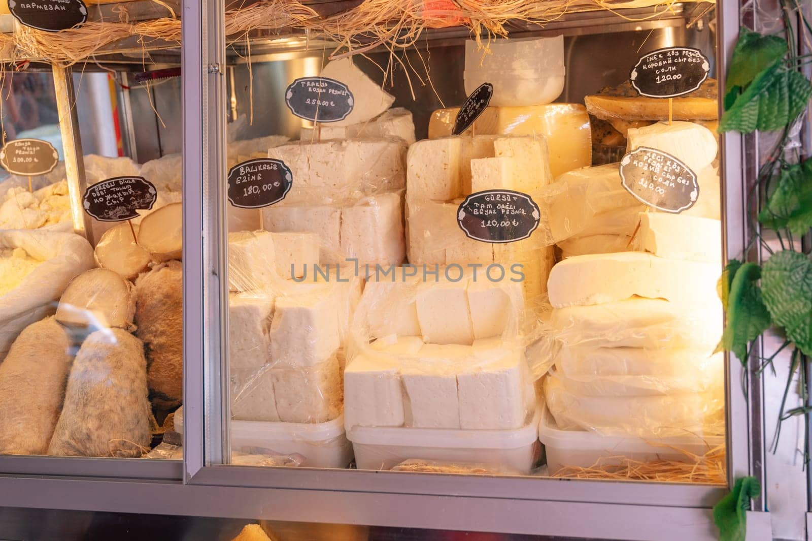Types of village cheeses in the public market in Alanya city, Turkey.