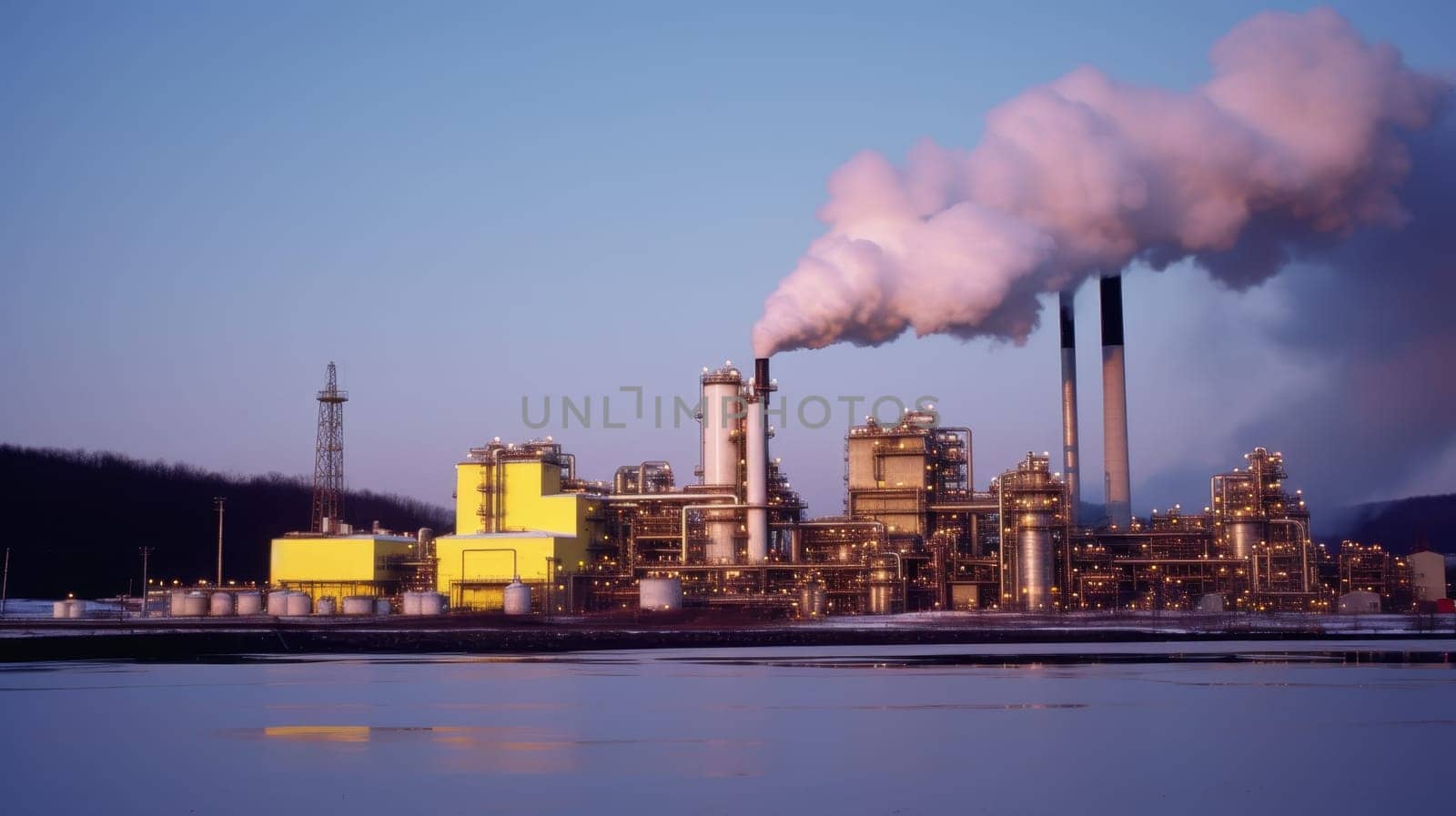 Polluted industrial chemical plant with thick smoke and environmental impact.