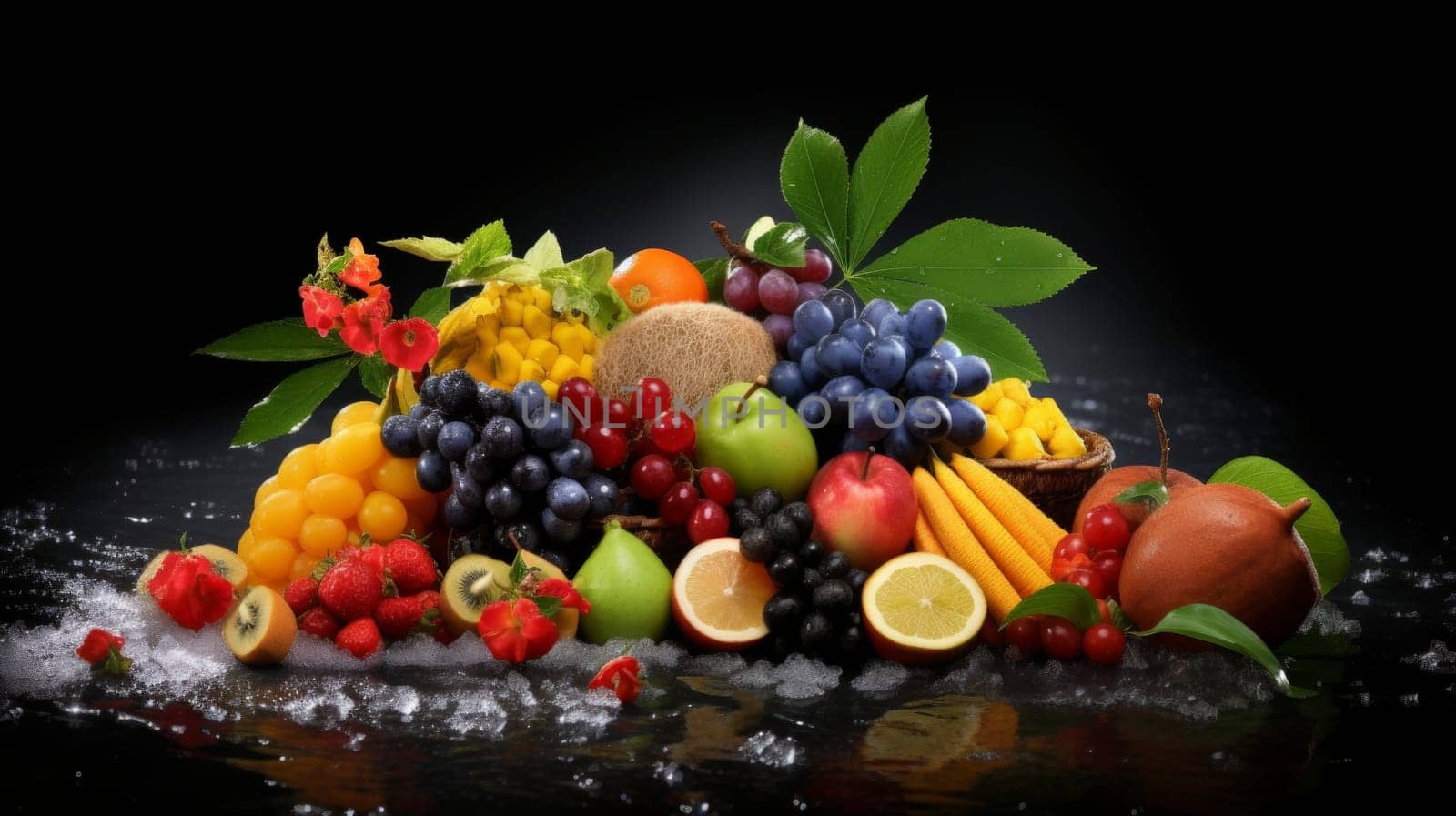 Colorful fruits scattered along the path capture the essence of nature's bounty with a dynamic composition. by Hil