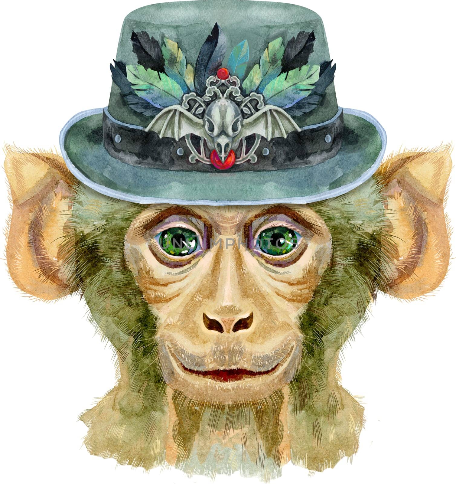 Monkey in green hat watercolor illustration isolated on white background. by NataOmsk