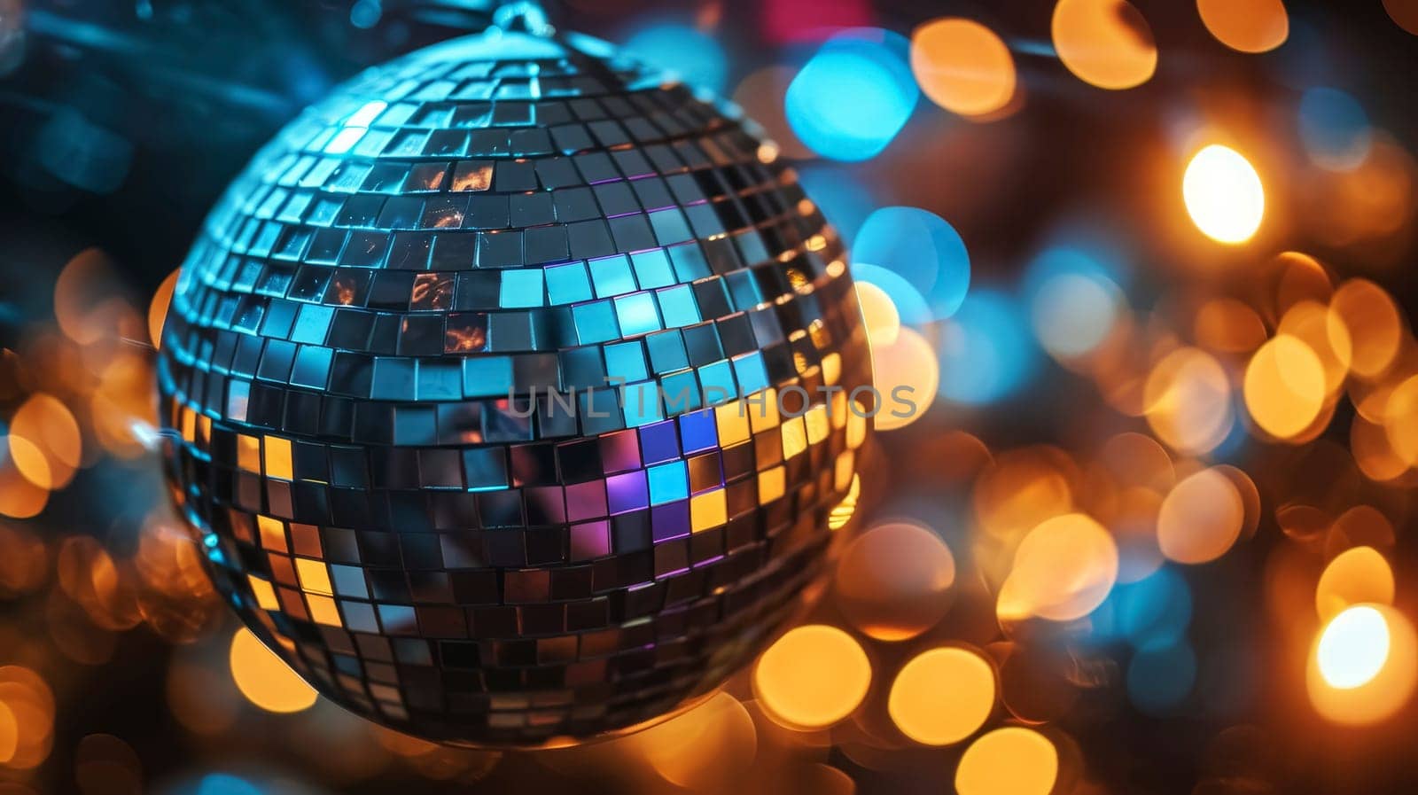 Disco ball with sparkling reflections. Close-up shot with colorful bokeh background. Party and celebration concept. Design for invitation, event poster, greeting card. Place for text
