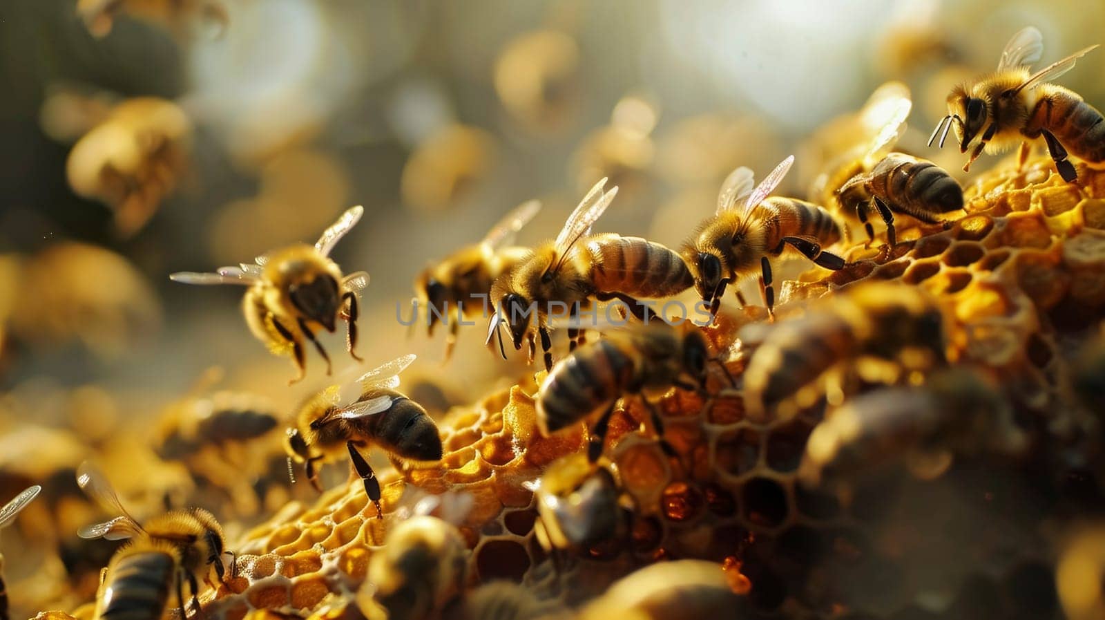Honeybees bustling on honeycomb in warm sunlight