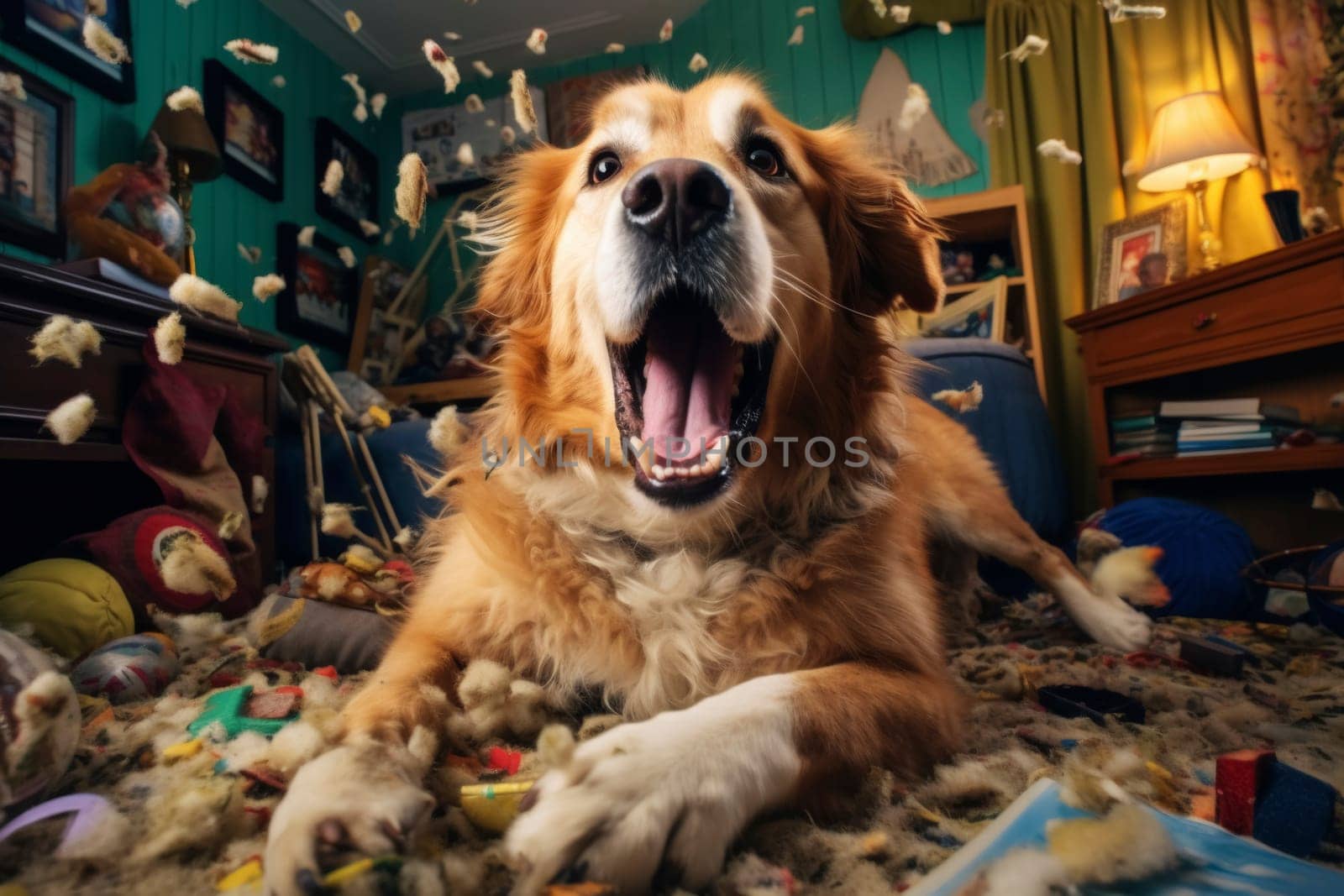 Happy dog surrounded by torn toys, a comical mess.