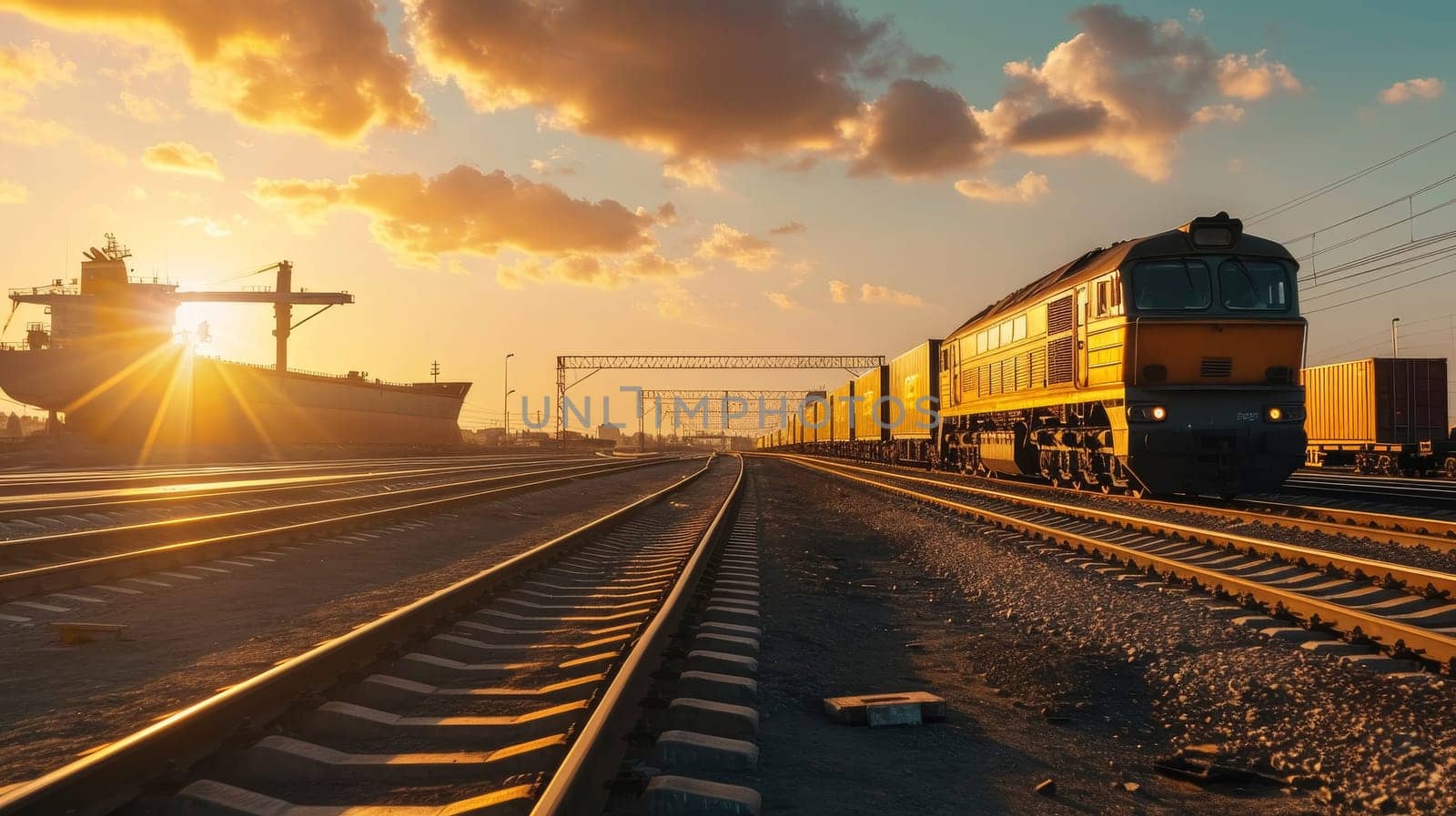 Freight train at sunset on railway track with cargo ship in background. by andreyz