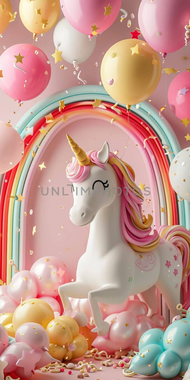 Unicorn figurine with birthday cake and balloons by andreyz