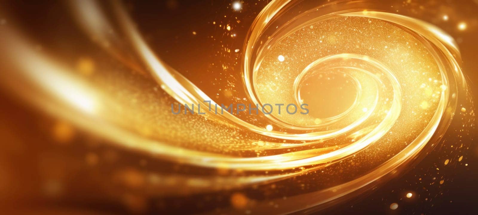 Abstract golden spiral with glittering particles, ideal for technology or luxury themes.