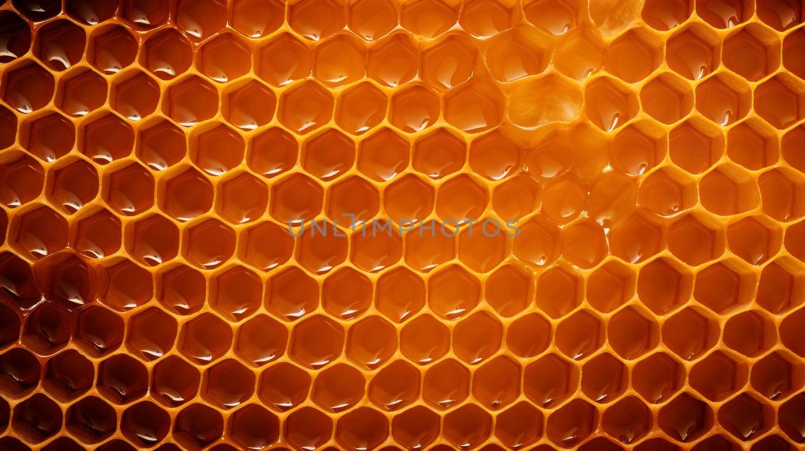 Close-up image of a honeycomb, golden honey filling the hexagonal shapes with natural sweetness.