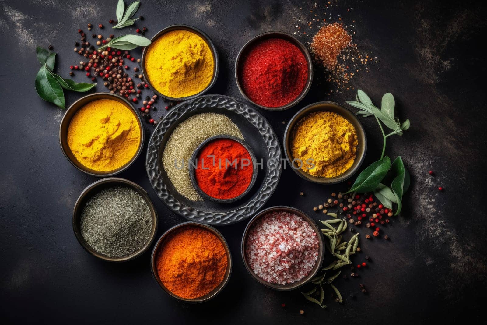 Variety of colorful spices displayed in small bowls.