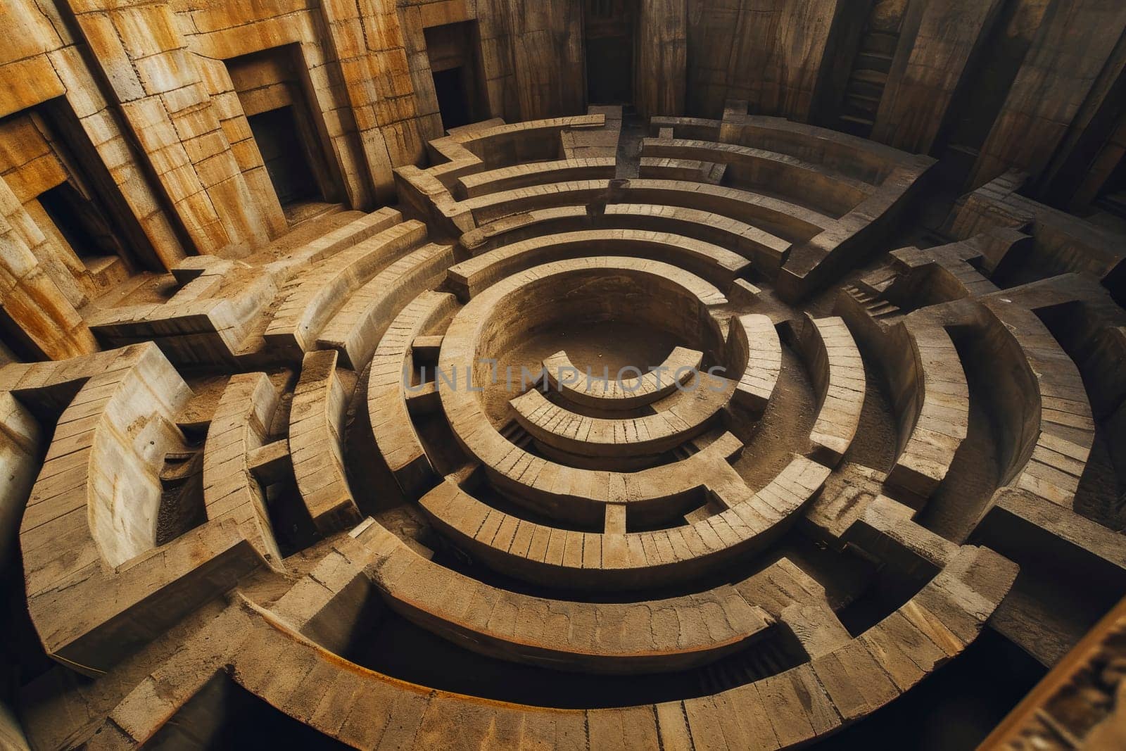 Aerial View of a Complex Circular Labyrinth Made of Stone, Symbolizing Challenge and Strategy by andreyz