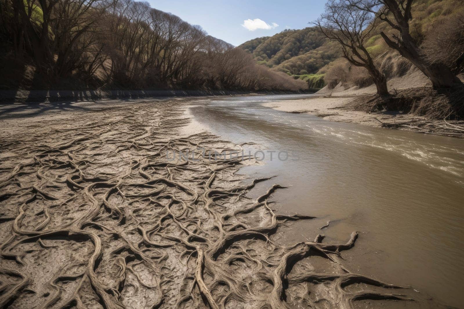 Cracked soil texture in a parched riverbed signifies drought.
