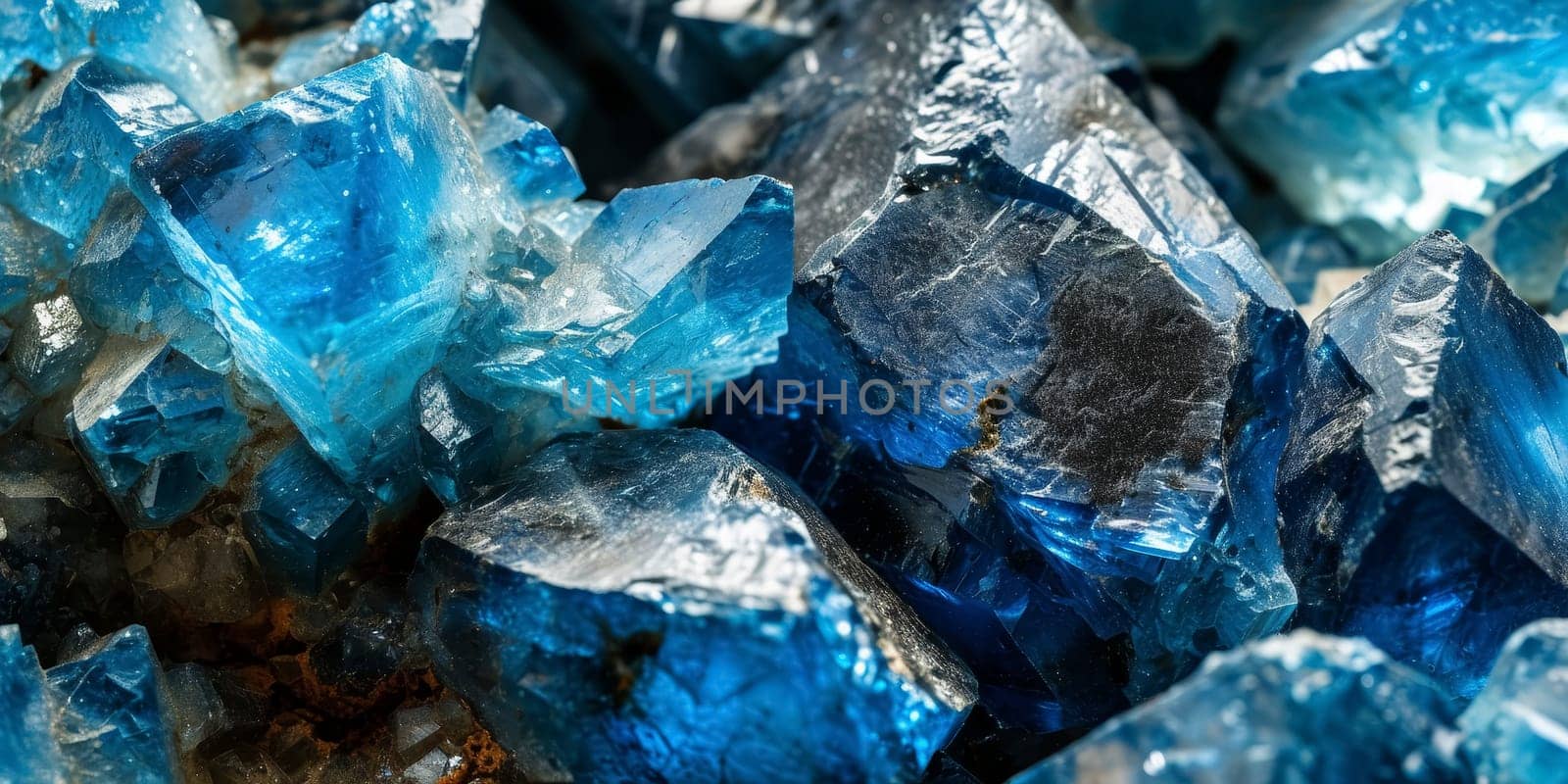 Close-up of radiant blue mineral crystals with sharp edges and a deep blue color.