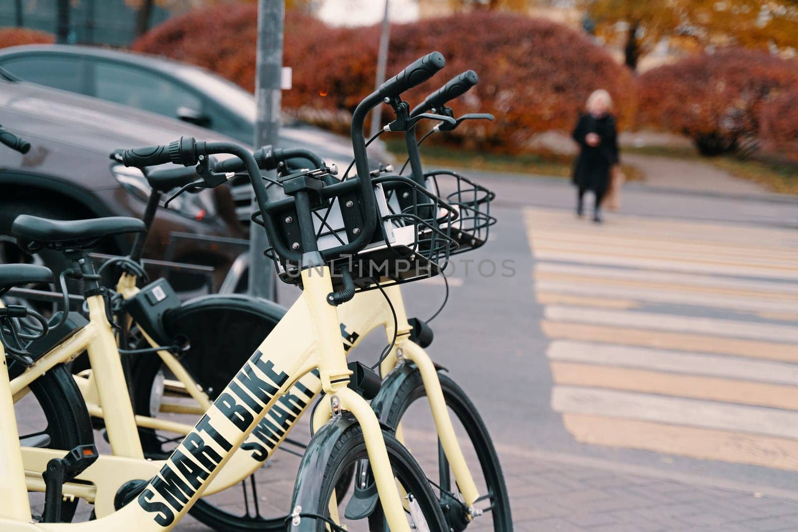 A bicycle is parked on the roadside, its tires and wheels gleaming in the sunlight as a distinctive bicycle accessory