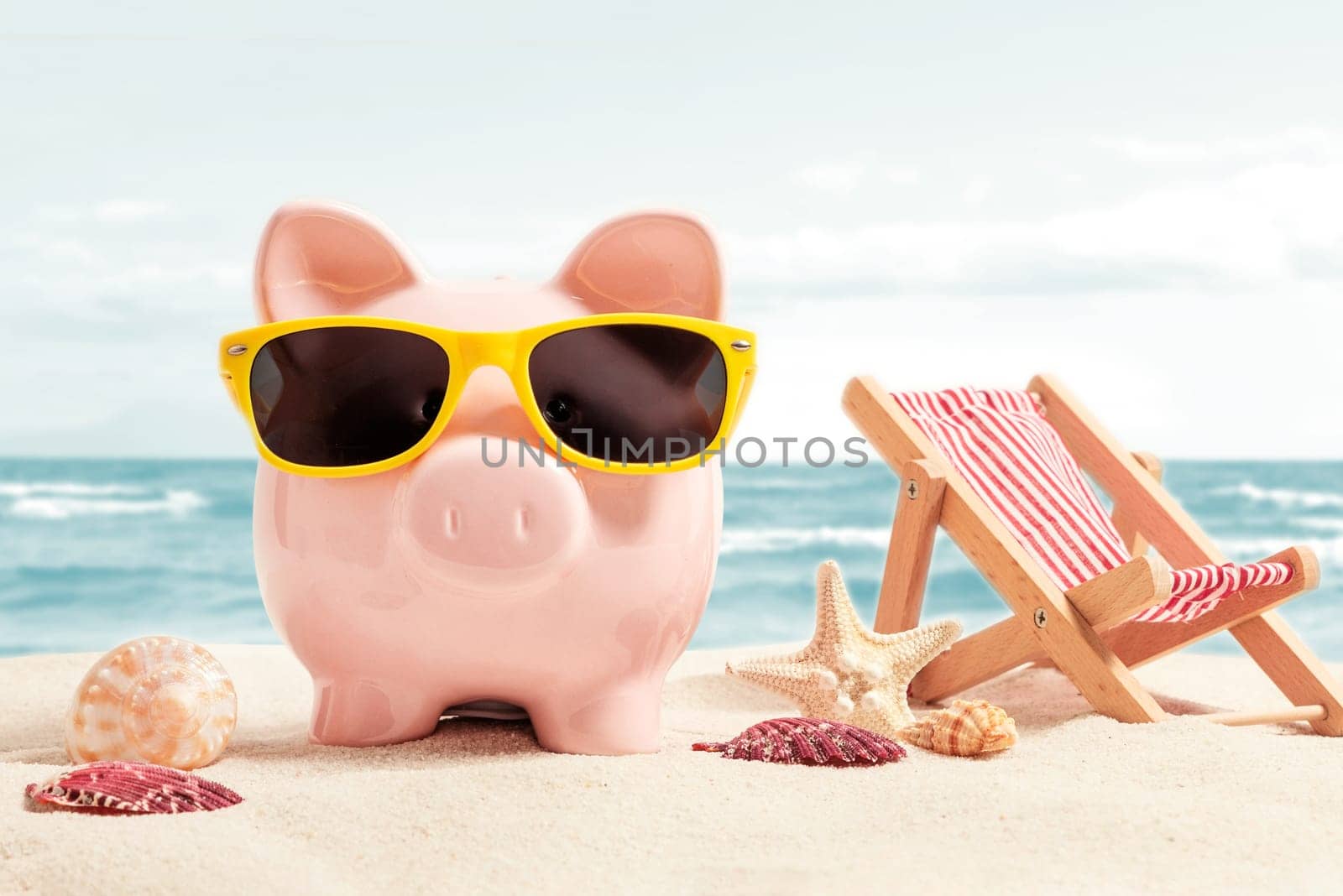 Piggy bank resting on vacation. Saving money, travel concept