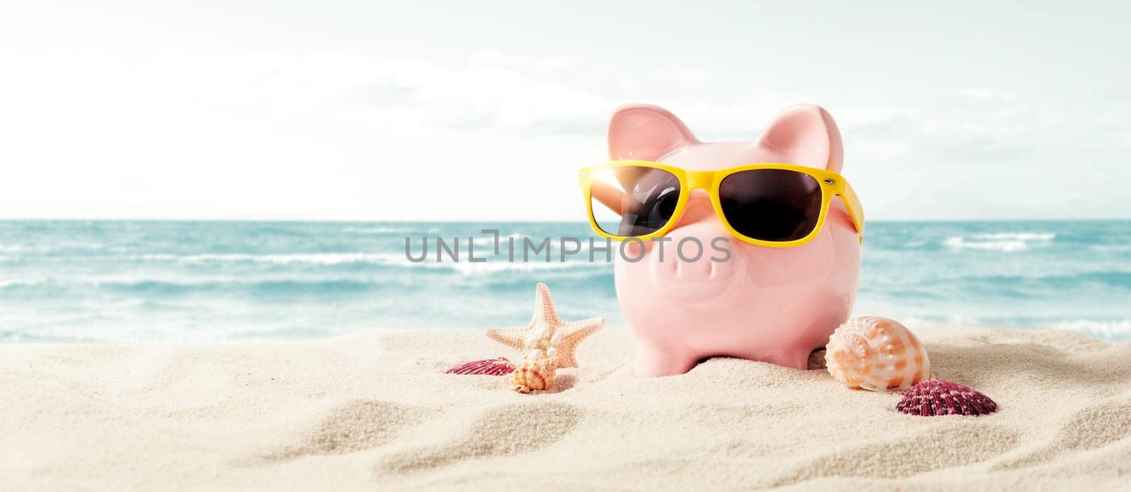 Piggy bank resting on vacation. Saving money, travel concept