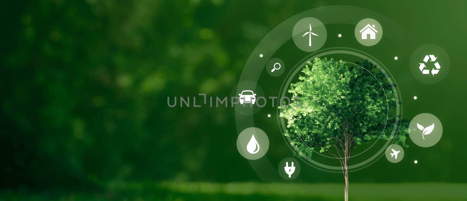 Eco symbols around green tree. Ecology concept by simpson33