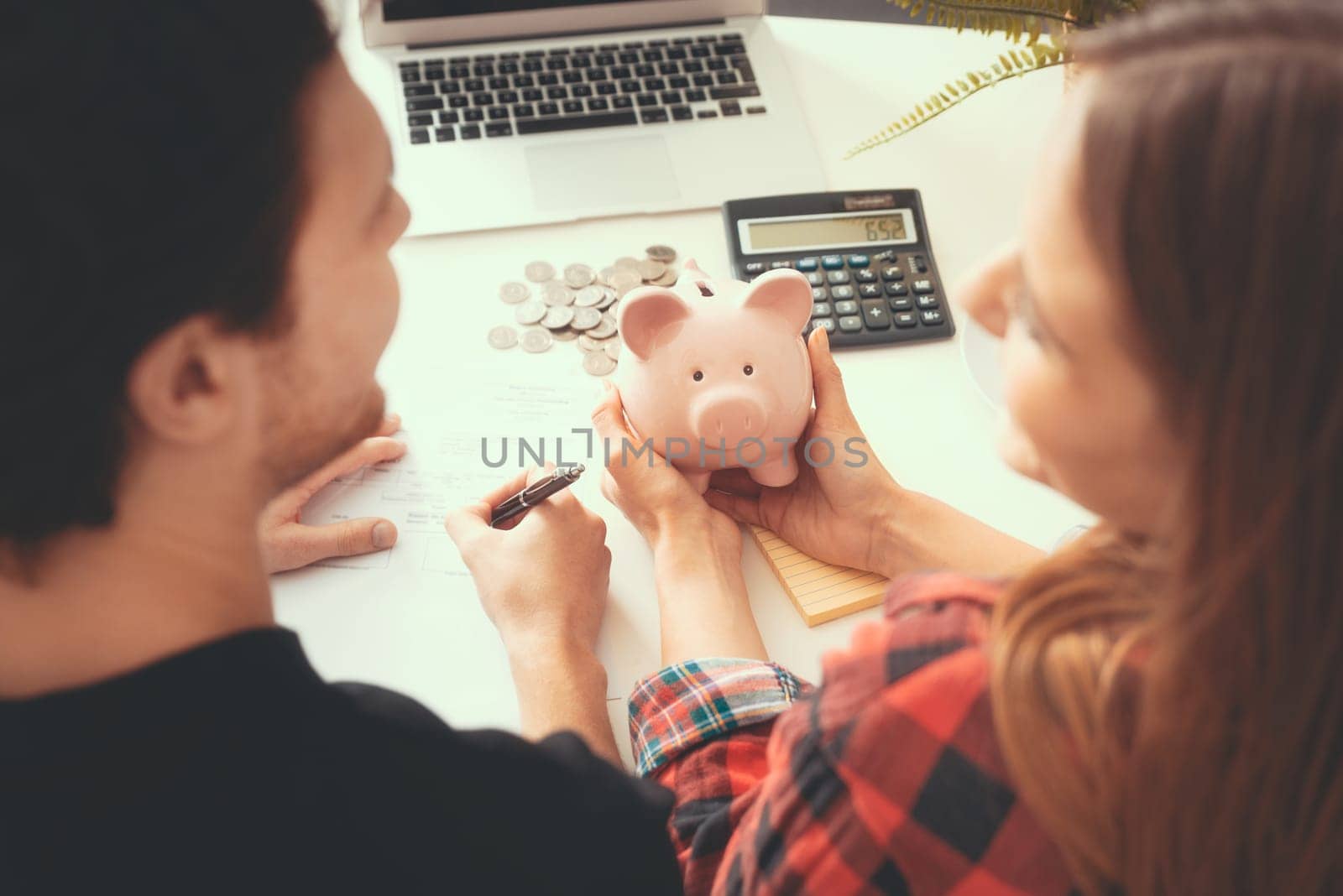 Home budget, family finance with piggy bank by simpson33