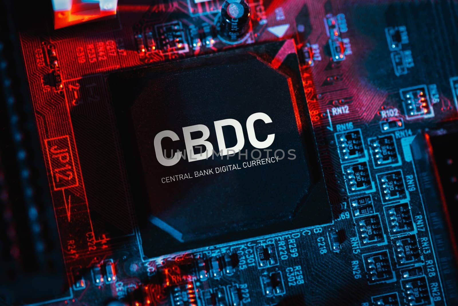 CBDC - central bank digital currency technology. Computer chip on mainboard