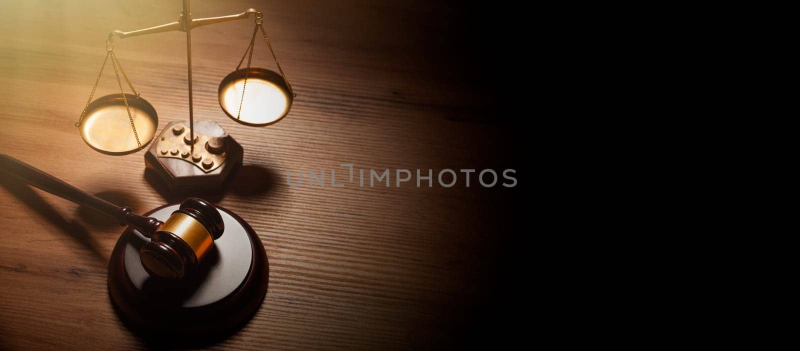 Wooden gavel, weight scale, justice and law concept, copy space wide image