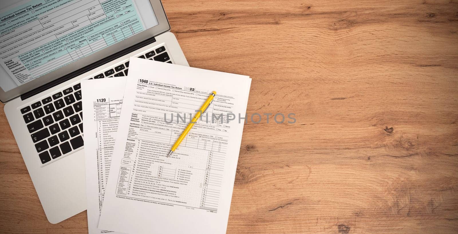 US tax forms, individual income tax return form, copy space image