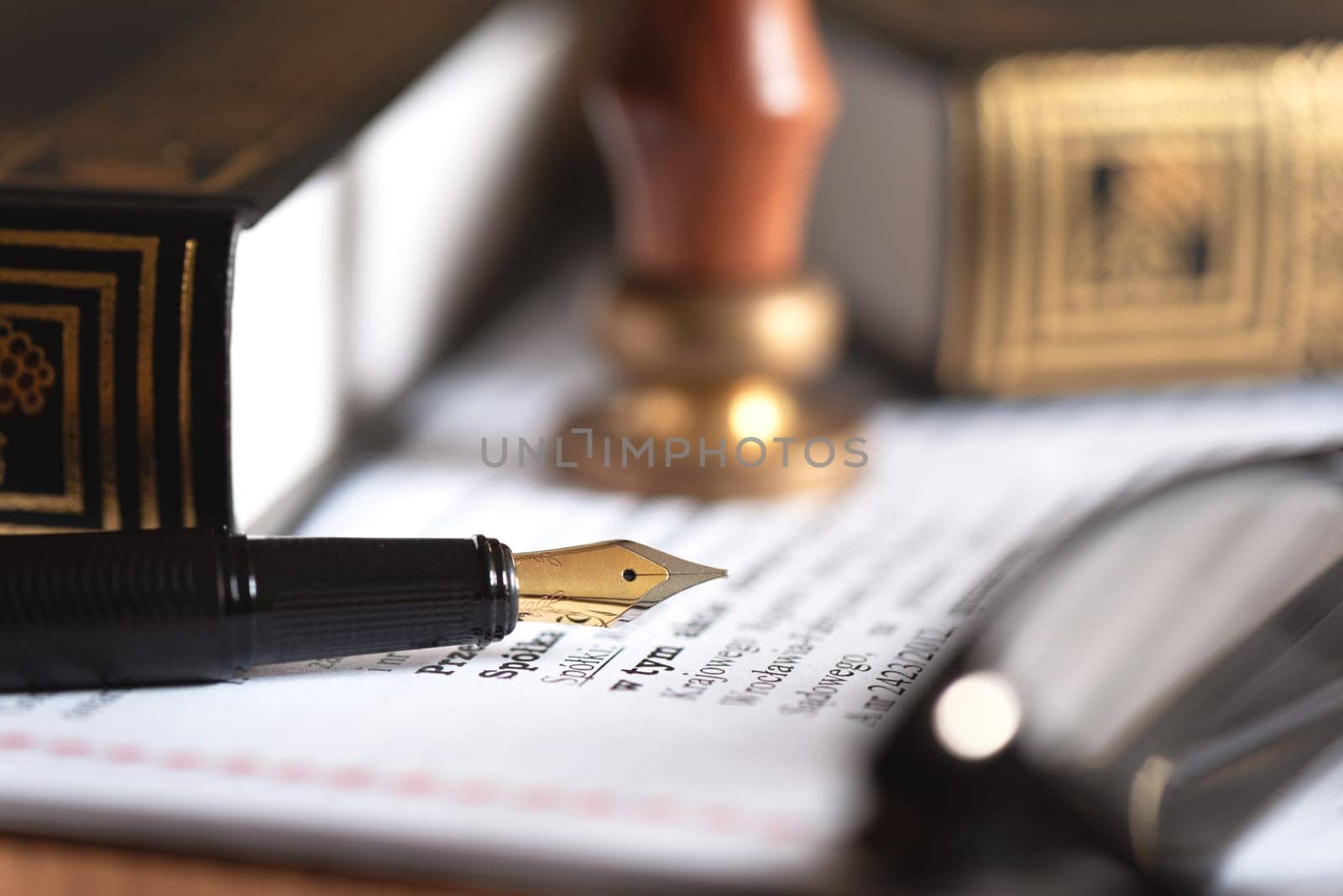 Law, notary background theme. Fountain pen and documents on desk