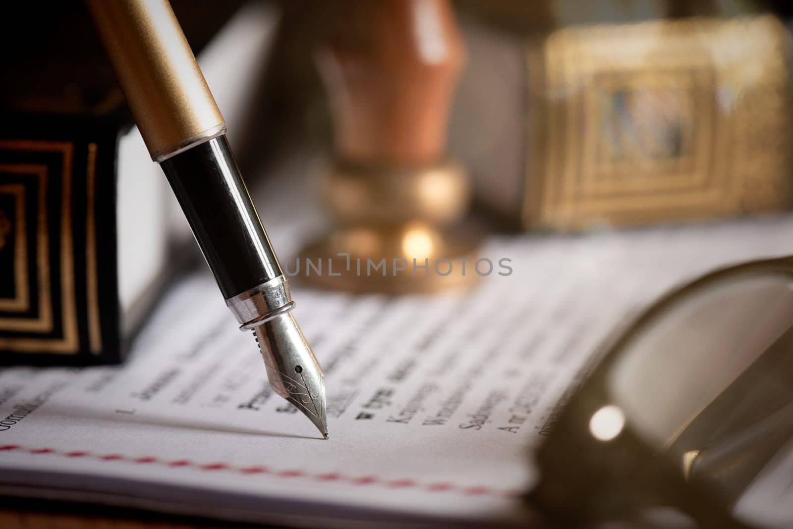 Law, notary background theme. Fountain pen and documents on desk