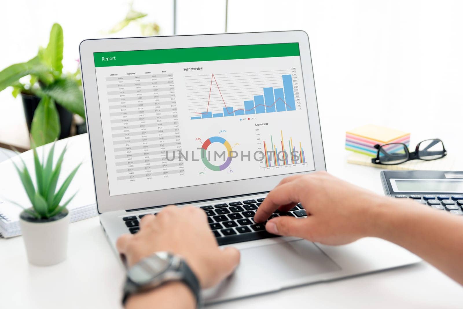 Analyzing data for marketing plan. Business analytics, spreadsheet app on laptop