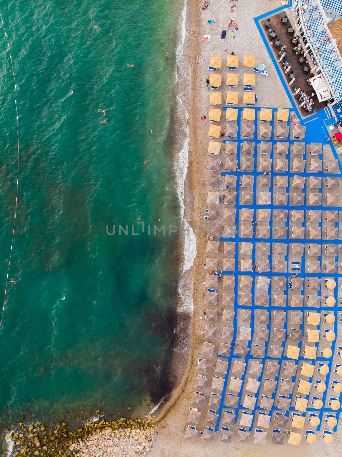 Aerial photographs. View from a flying drone. A bird's-eye view of the beach. Top view