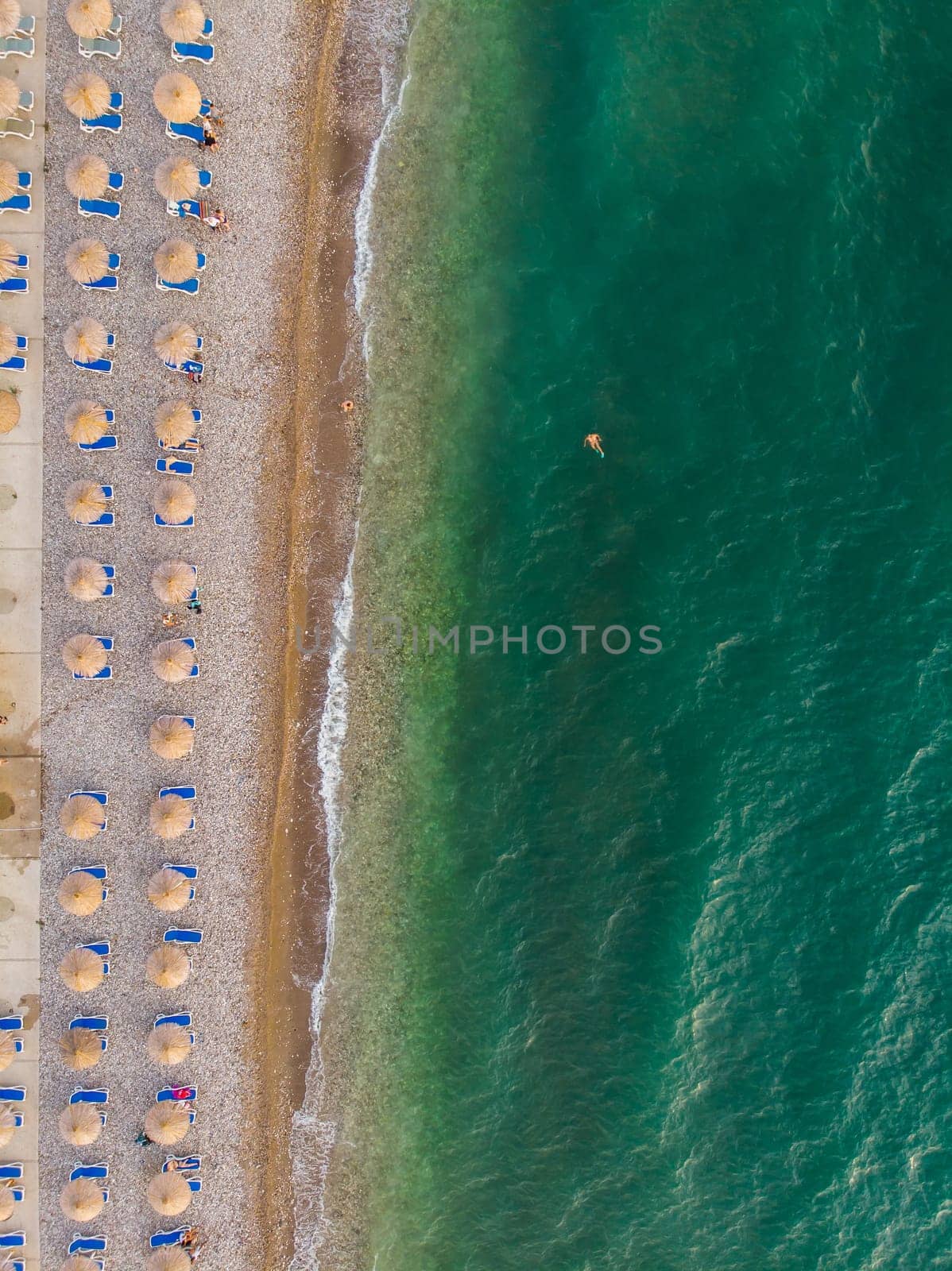 Aerial photographs. View from a flying drone. A bird's-eye view of the beach. Top view