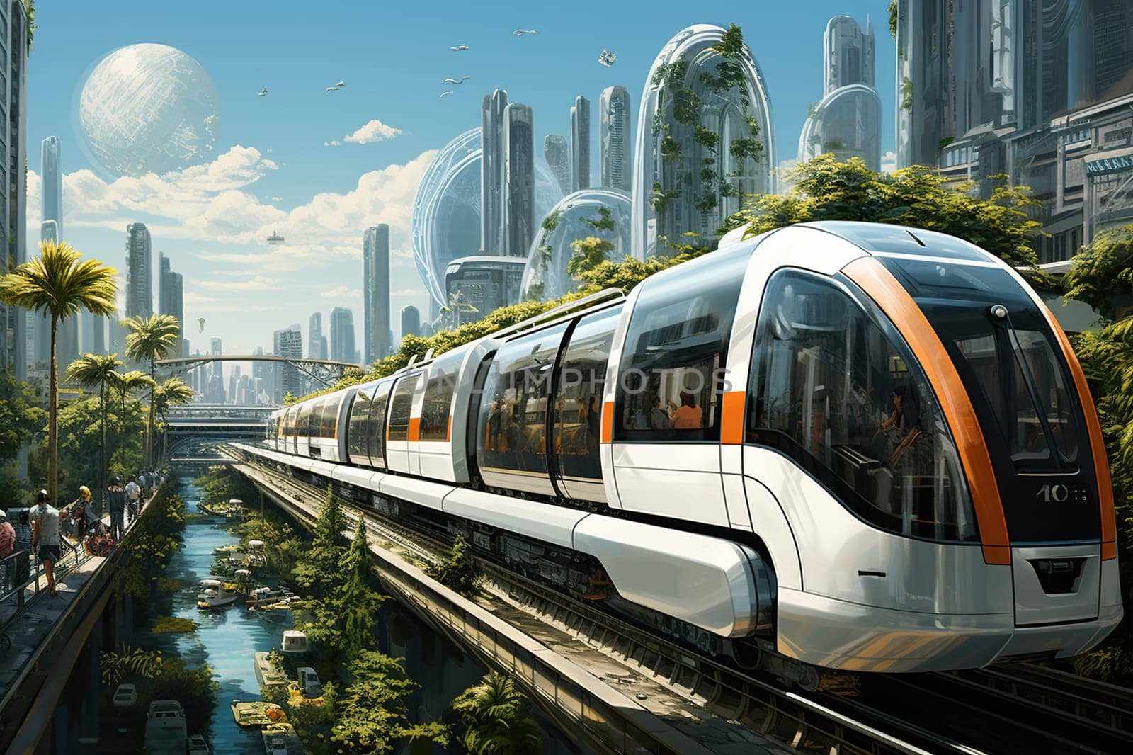 Modern train at a station in the city of the future. Future technologies. Generated by artificial intelligence by Vovmar