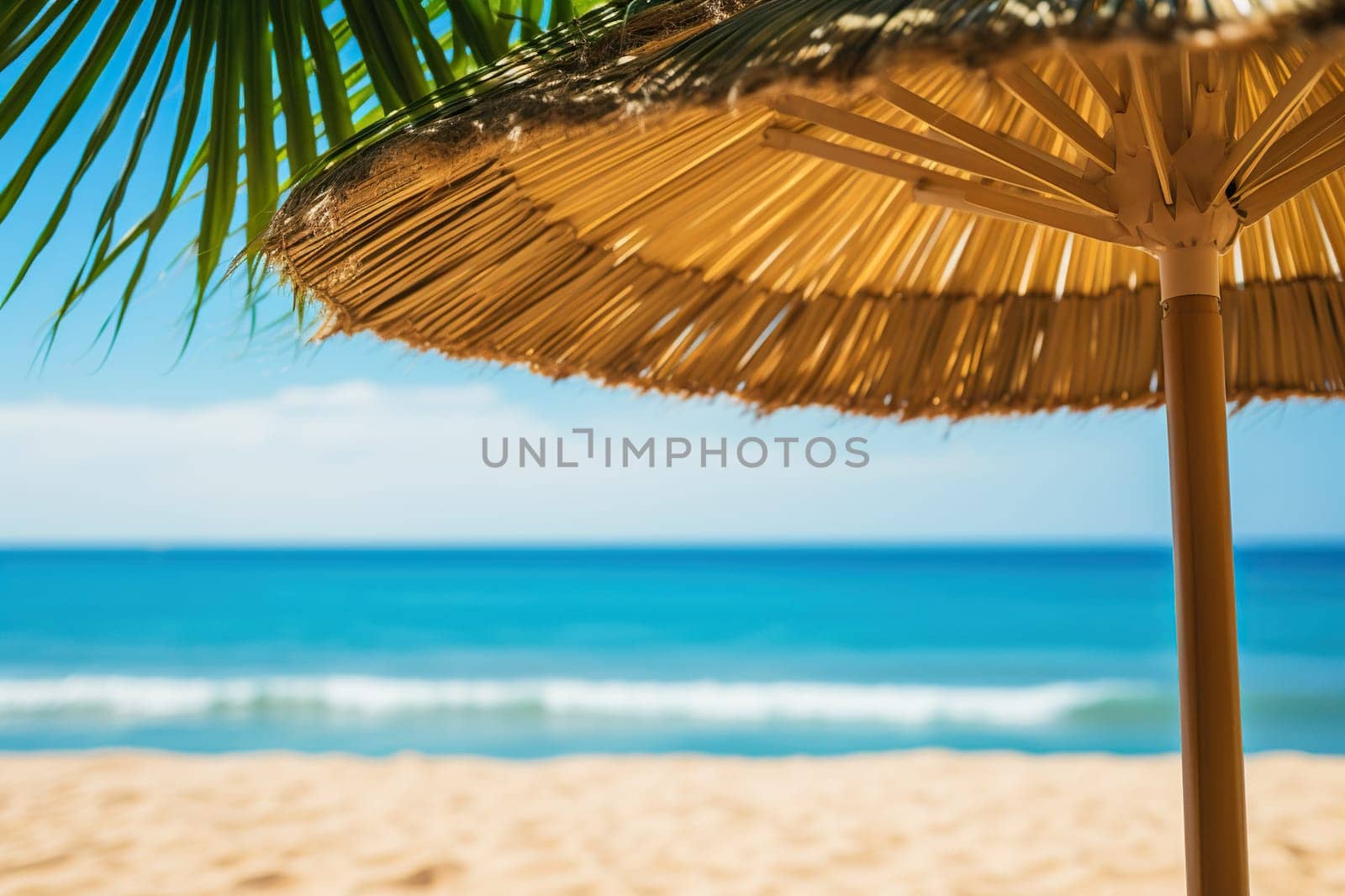 Palm leaves close-up against the backdrop of a seashore. Vacation, travel, beach holiday concept.