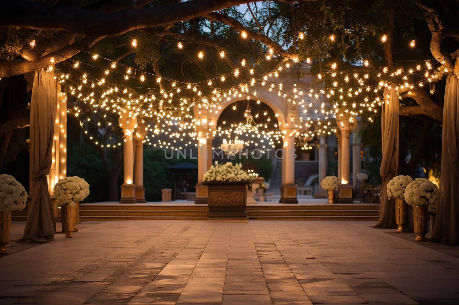 The territory of a luxury hotel with palm trees in beautiful evening lighting.