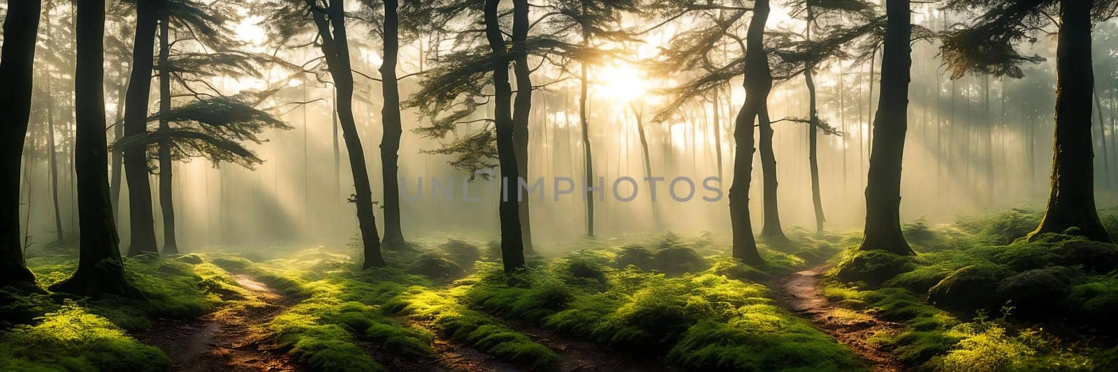 Serene beauty of a misty forest at sunrise, with the soft light filtering through the trees creating a magical atmosphere