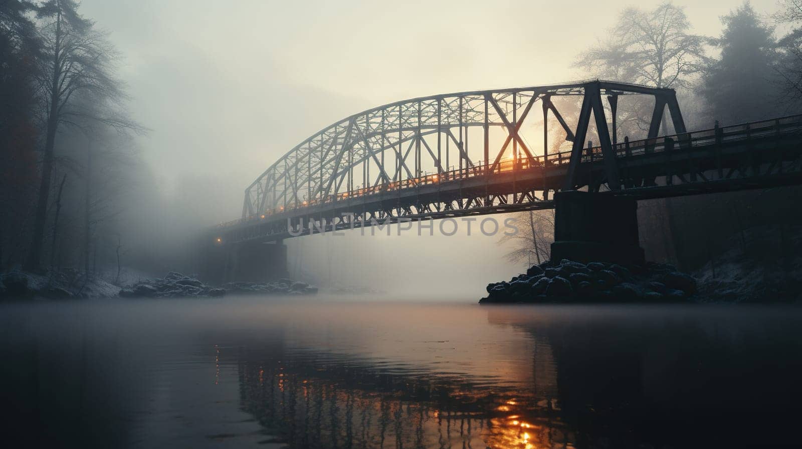 A beautiful large bridge over the river in the fog at sunset, dawn. Generated by artificial intelligence by Vovmar