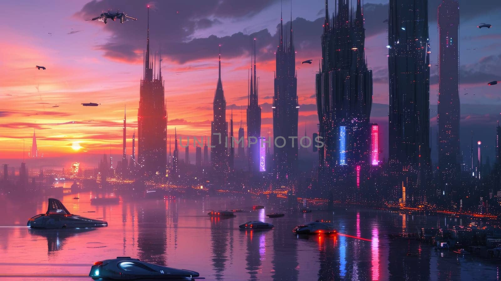 Futuristic Urban Skyline with Hovering Vehicles. Resplendent. by biancoblue