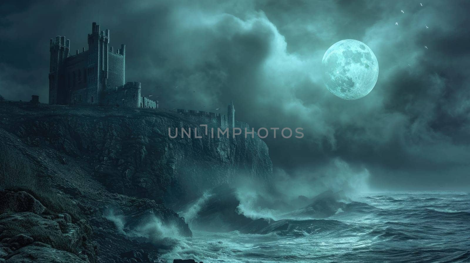 A medieval castle on a misty cliff, overlooking a turbulent sea, under a full moon. Resplendent.