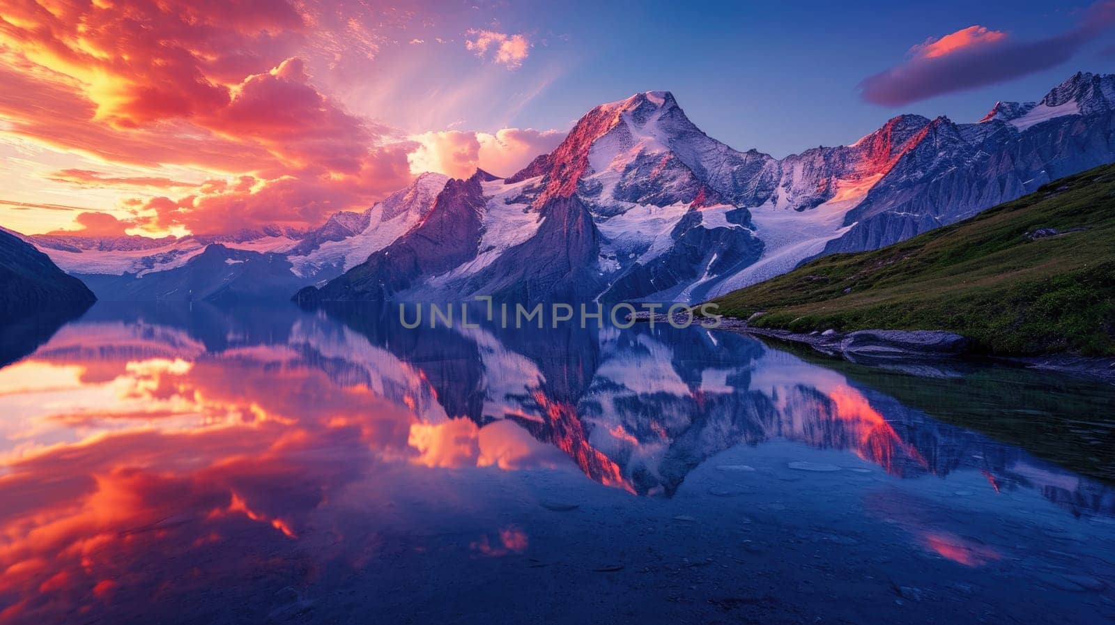 A majestic mountain landscape at sunset, snow-capped peaks. Resplendent. by biancoblue