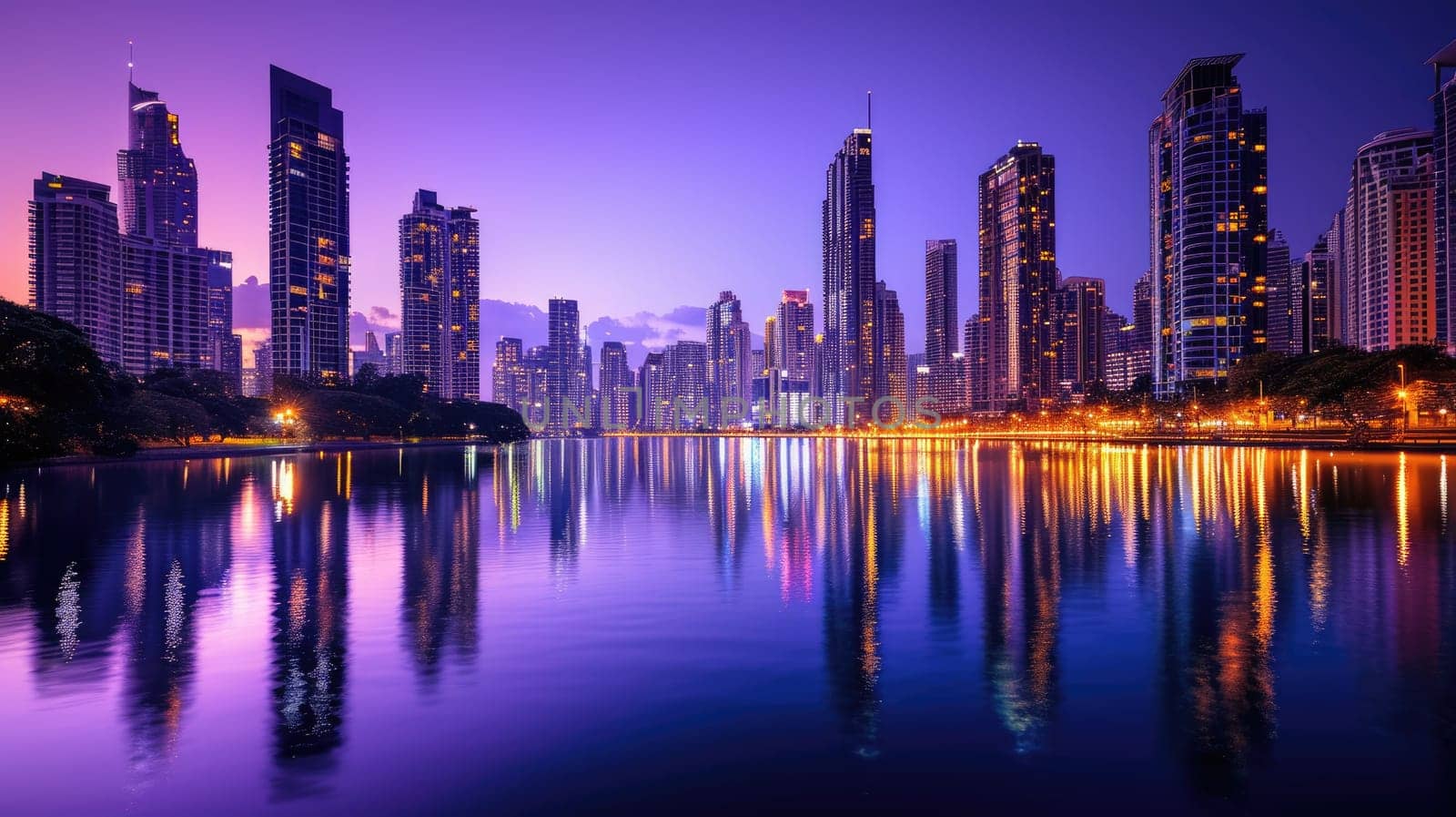 An elegant evening city skyline, lights reflecting on a calm river, skyscrapers silhouetted against a twilight sky, capturing urban beauty. Resplendent.