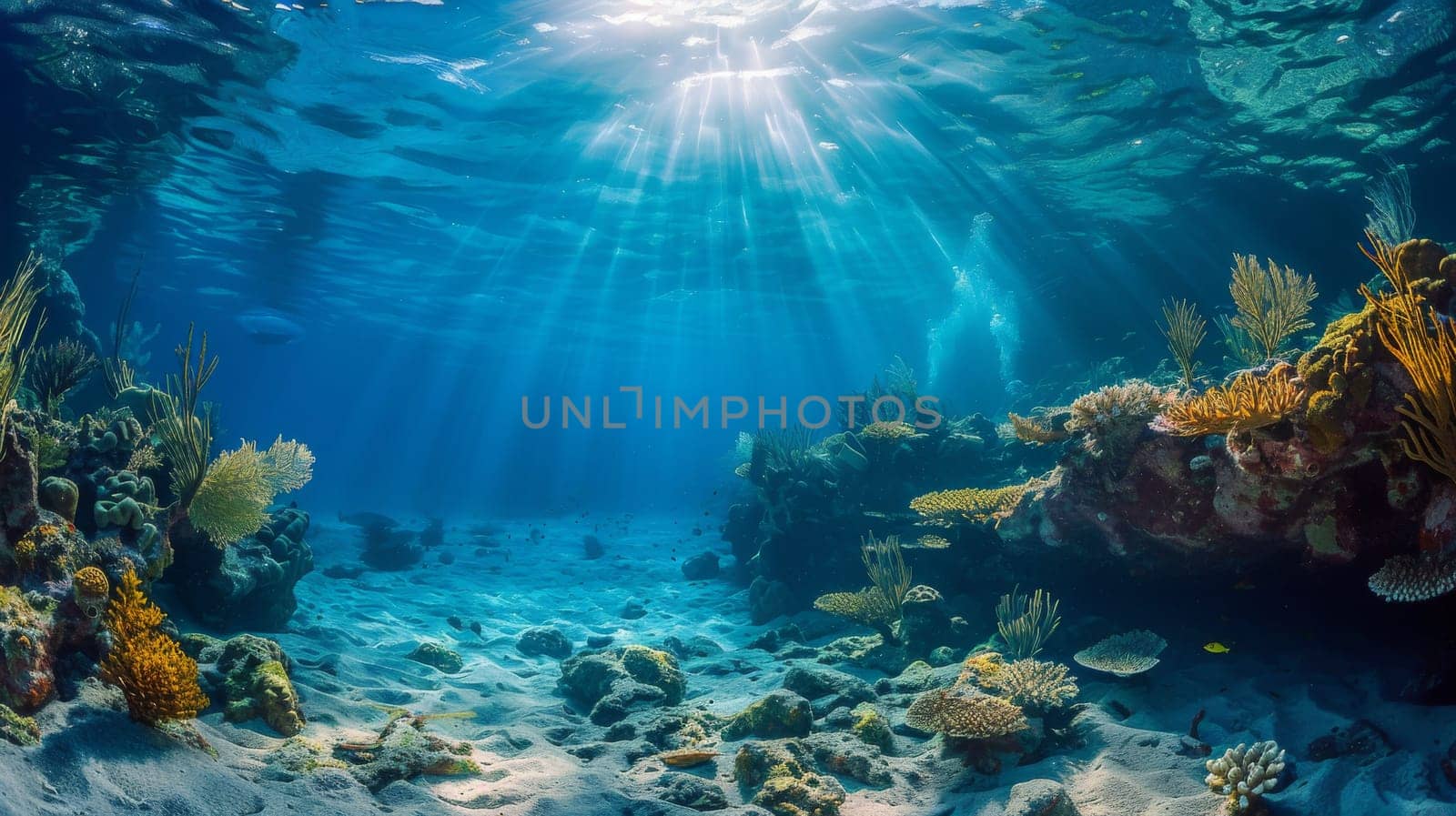 Underwater Coral reef and bright ray sun. Generative AI.