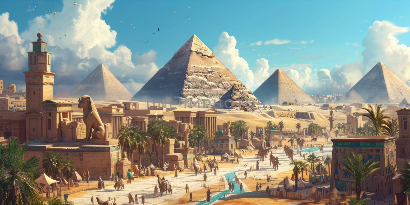 An ancient Egyptian city at the peak of its glory, with pyramids, Sphinx, and bustling markets. Resplendent.