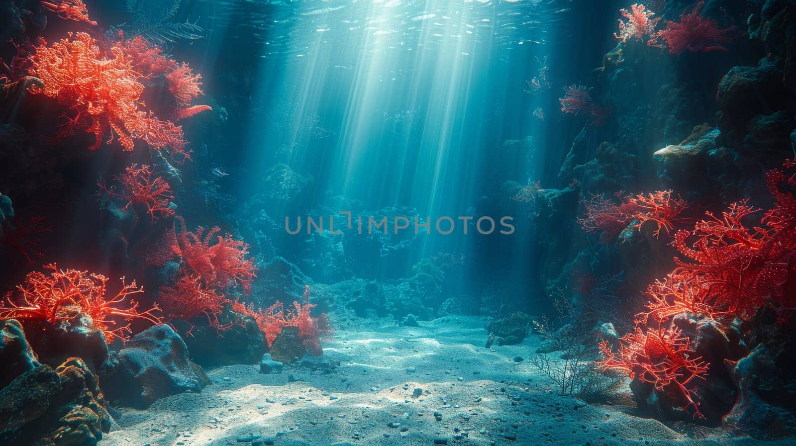 Underwater Coral reef and bright ray sun. Generative AI by itchaznong