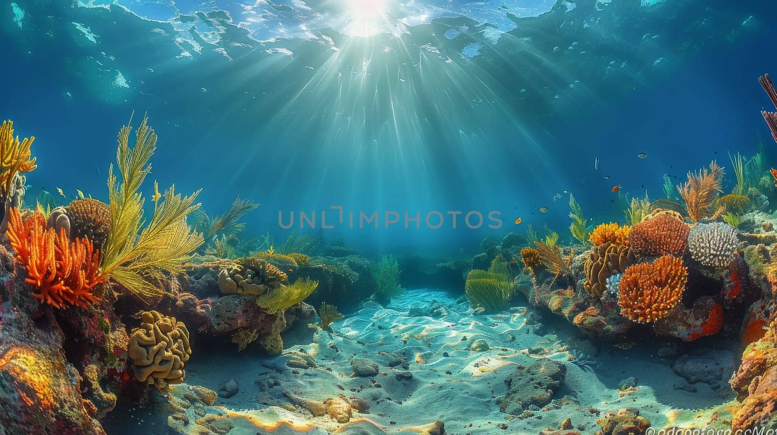 Underwater Coral reef and bright ray sun. Generative AI by itchaznong