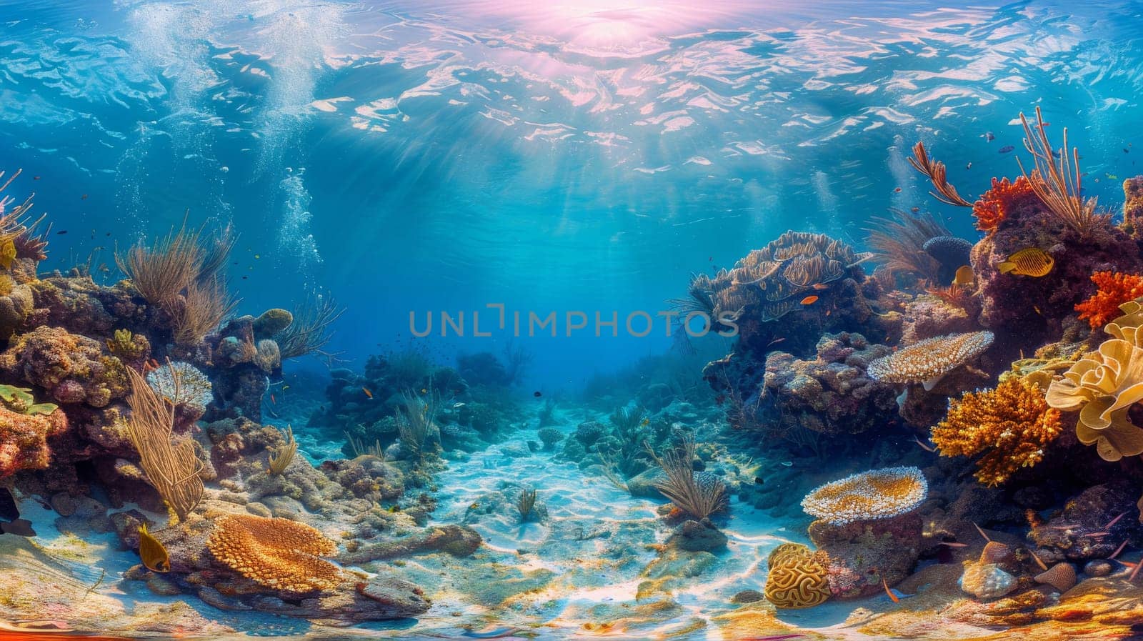Underwater Coral reef and bright ray sun. Generative AI.