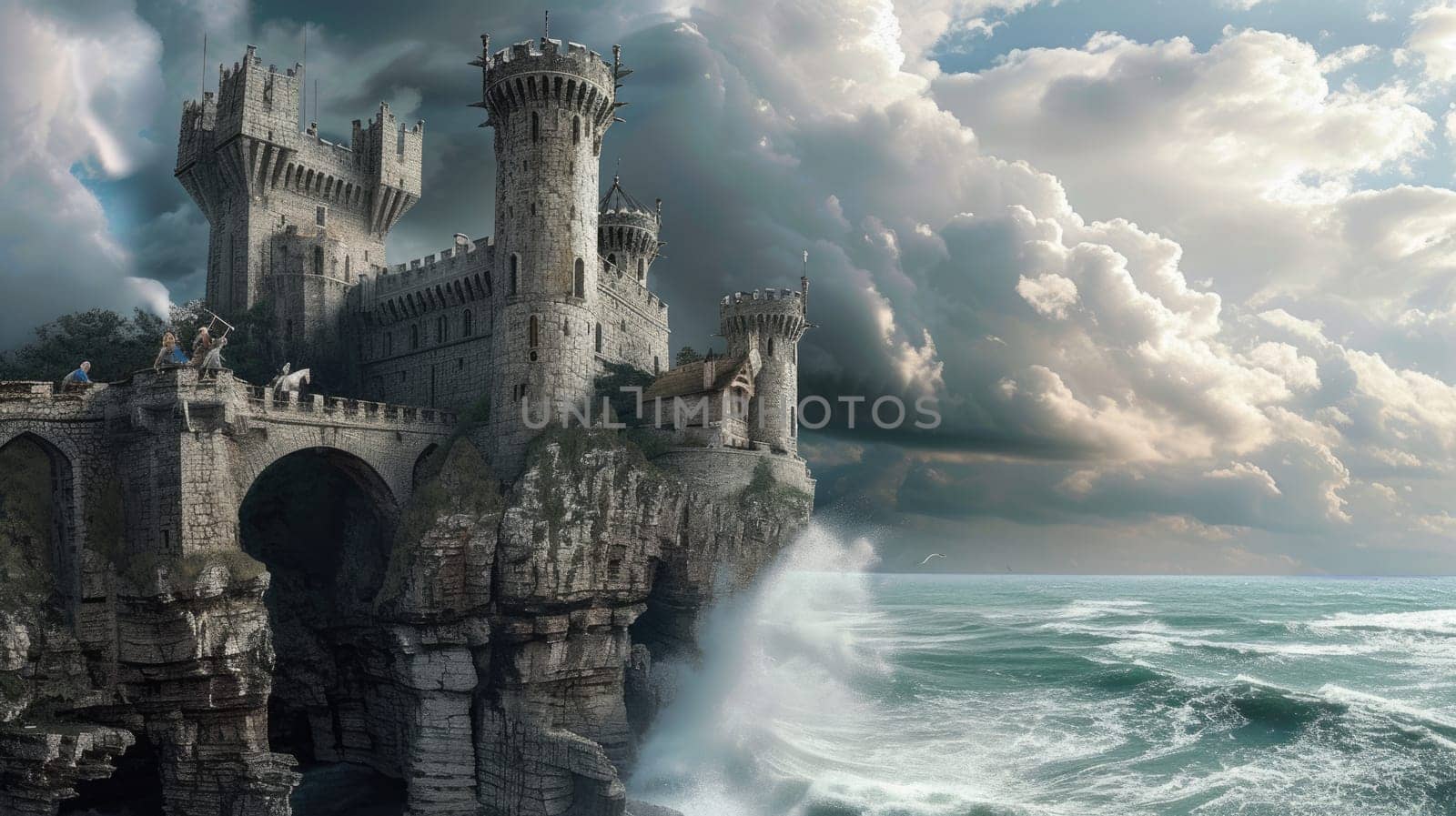 A historic medieval castle on a cliff, ocean waves crashing below. Resplendent. by biancoblue