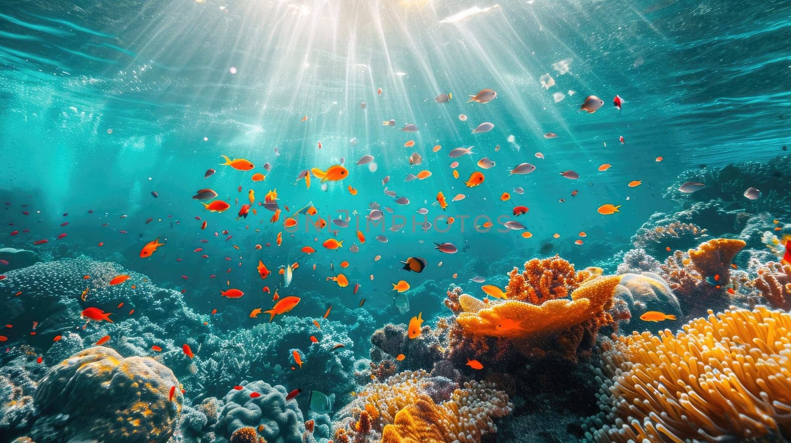 An underwater coral reef scene, diverse marine life, vivid colors, showcasing the beauty and diversity of ocean life. Underwater photography, coral reef ecosystem, diverse marine life,. Resplendent.