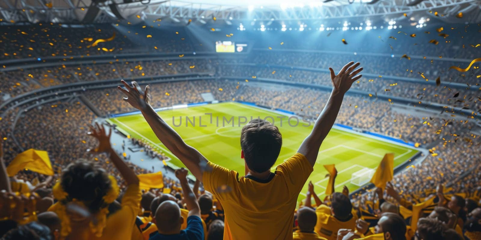 A fan wearing a yellow jersey exhibits a gesture of joy and excitement in a world stadium, enjoying leisure and fun while watching a team sport ball game. AIG41