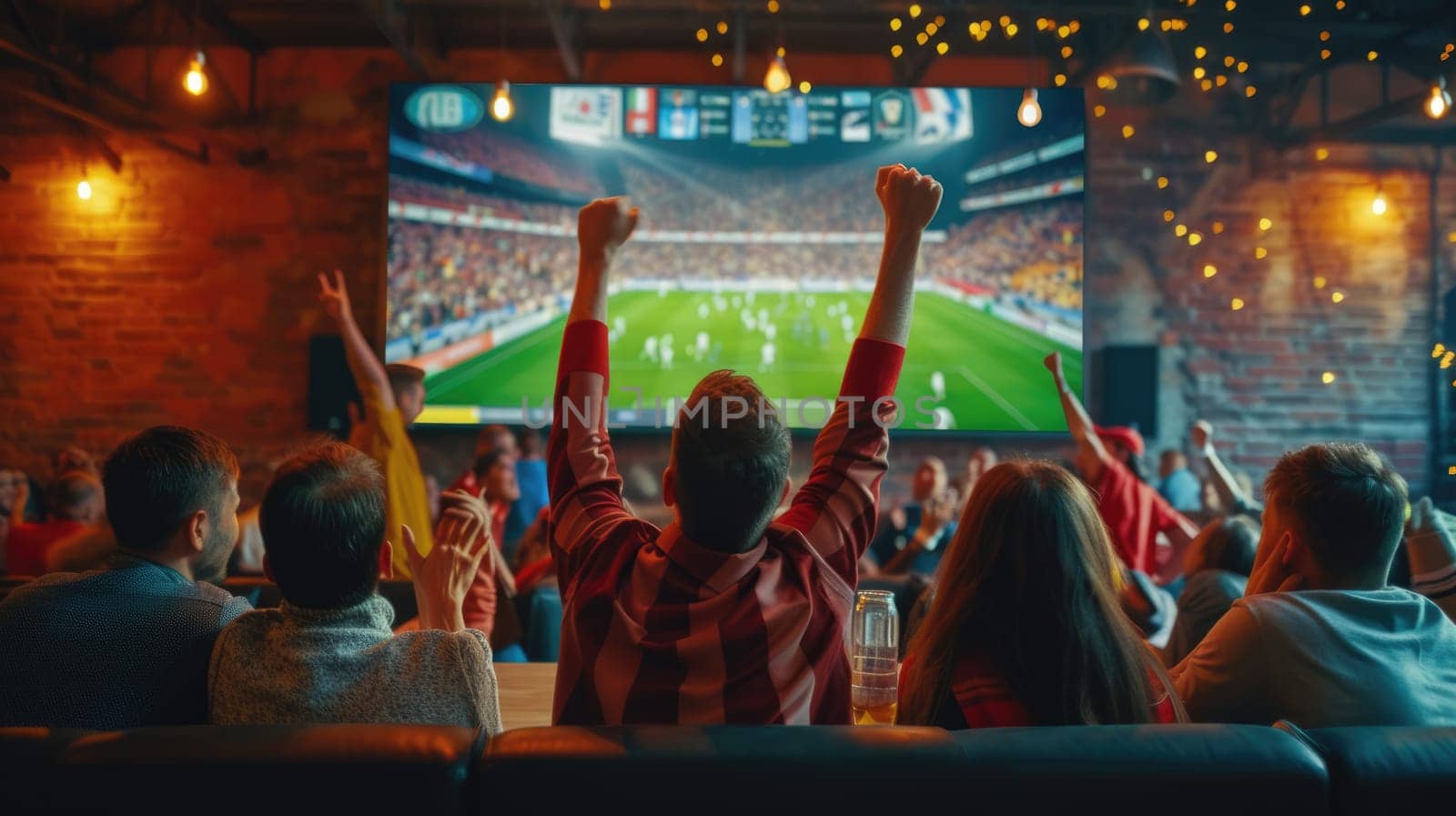 A crowd gathers around a large display device to share the excitement of a football game, building an entertaining event filled with fun and leisure. AIG41