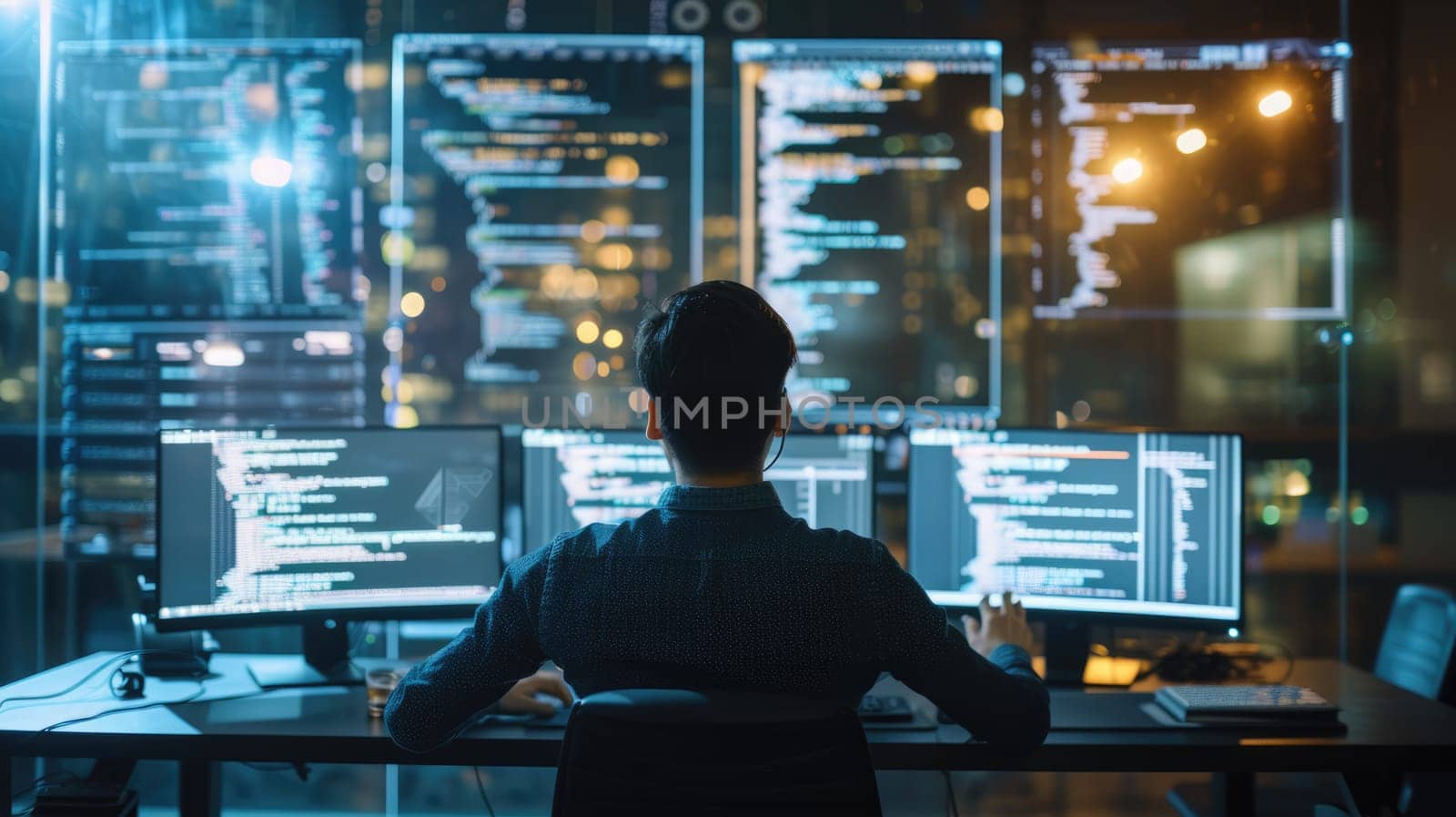 A programmer analyzes code on a transparent screen in a data center, surrounded by servers and digital data streams. AIG41
