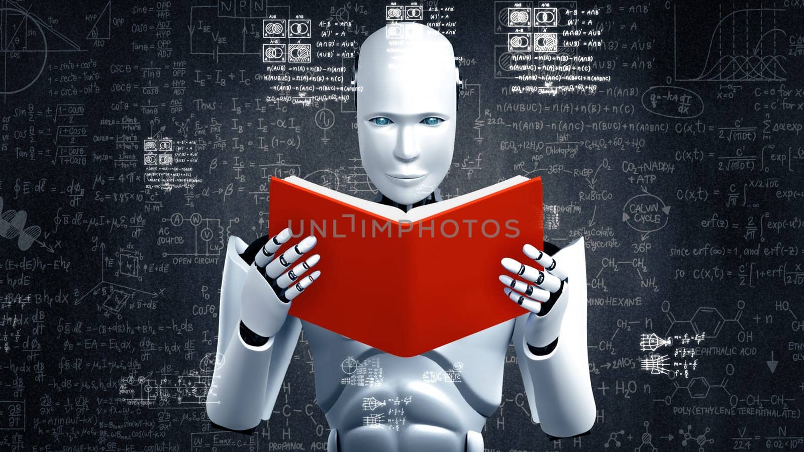 XAI 3d illustration of robot hominoid reading book and solving math data analytics in concept of future mathematics artificial intelligence, data mining and 4th fourth industrial automation revolution.