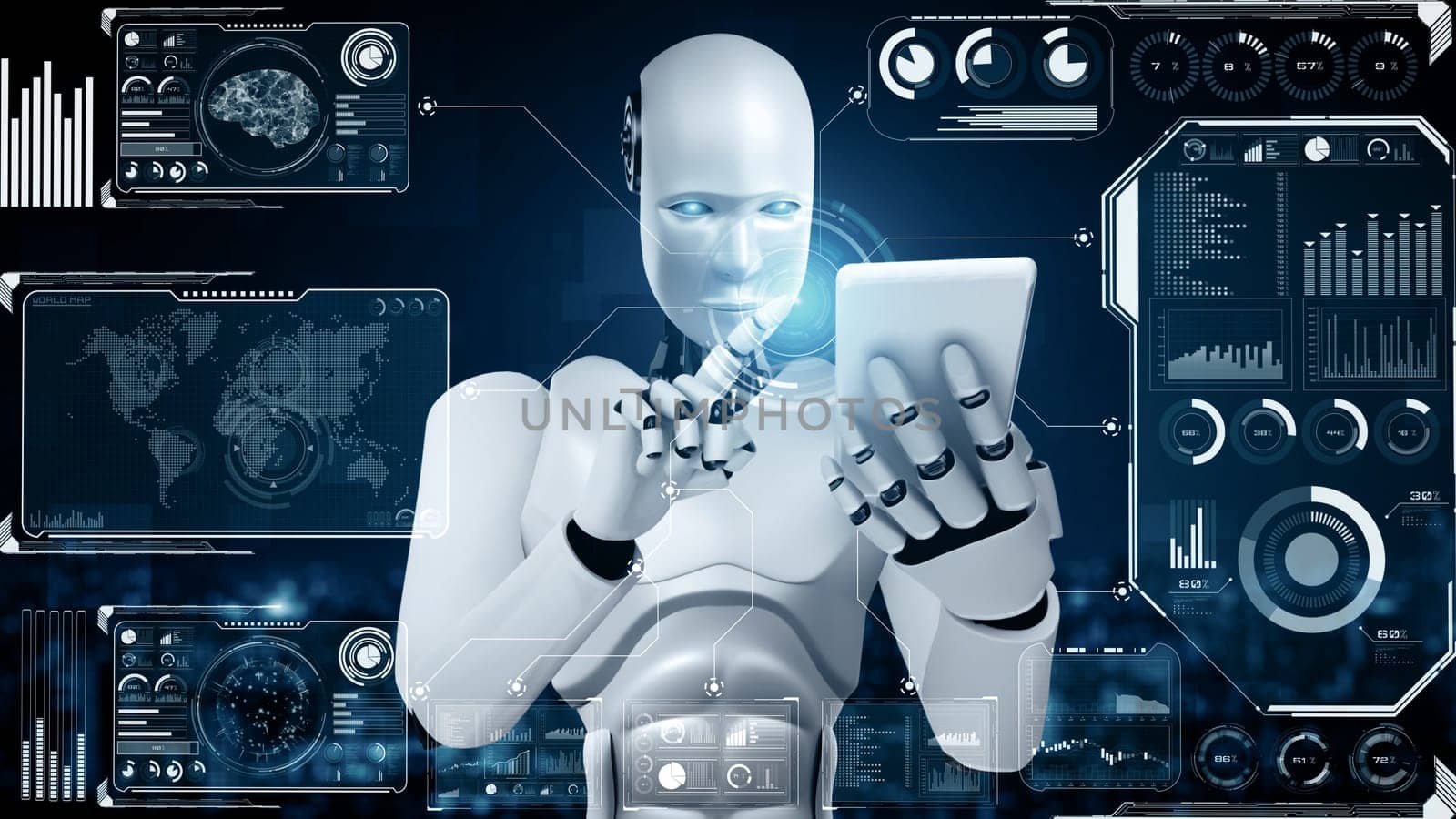 XAI 3d illustration Robot hominoid use mobile phone or tablet for big data analytic using AI thinking brain , artificial intelligence and machine learning process for the 4th fourth industrial revolution. 3D rendering.